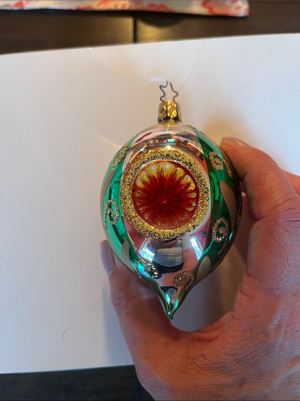 Hand-Blown Green and Red Indented Glass Holiday Ornament